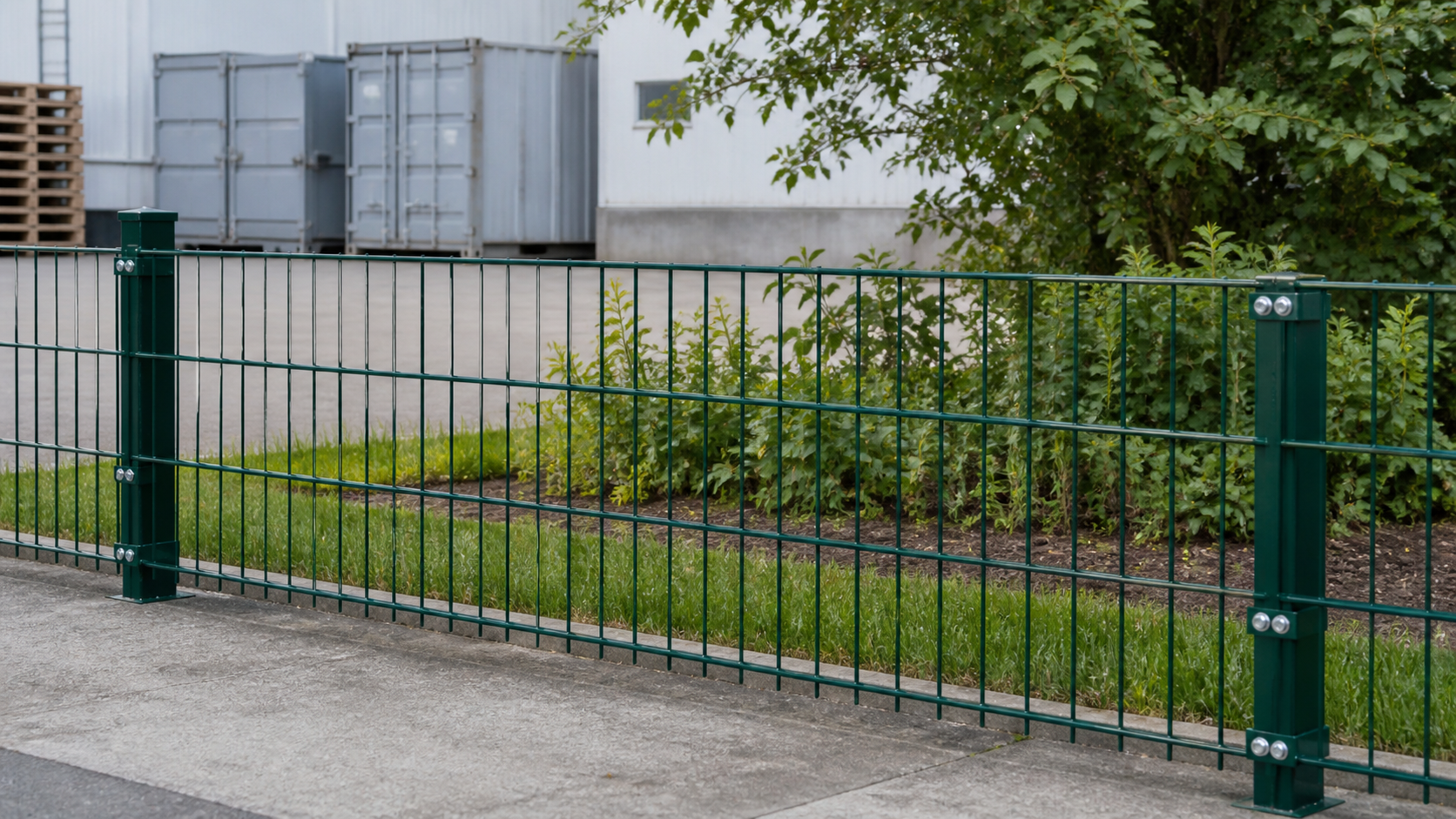 Grüner Doppelstabmattenzaun als dezente Abgrenzung an einer Lagerfläche
