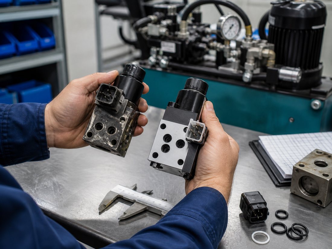 Hydraulikventil vor dem Ersatz prüfen Techniker vergleicht ein altes Hydraulikventil mit einem Ersatzteil