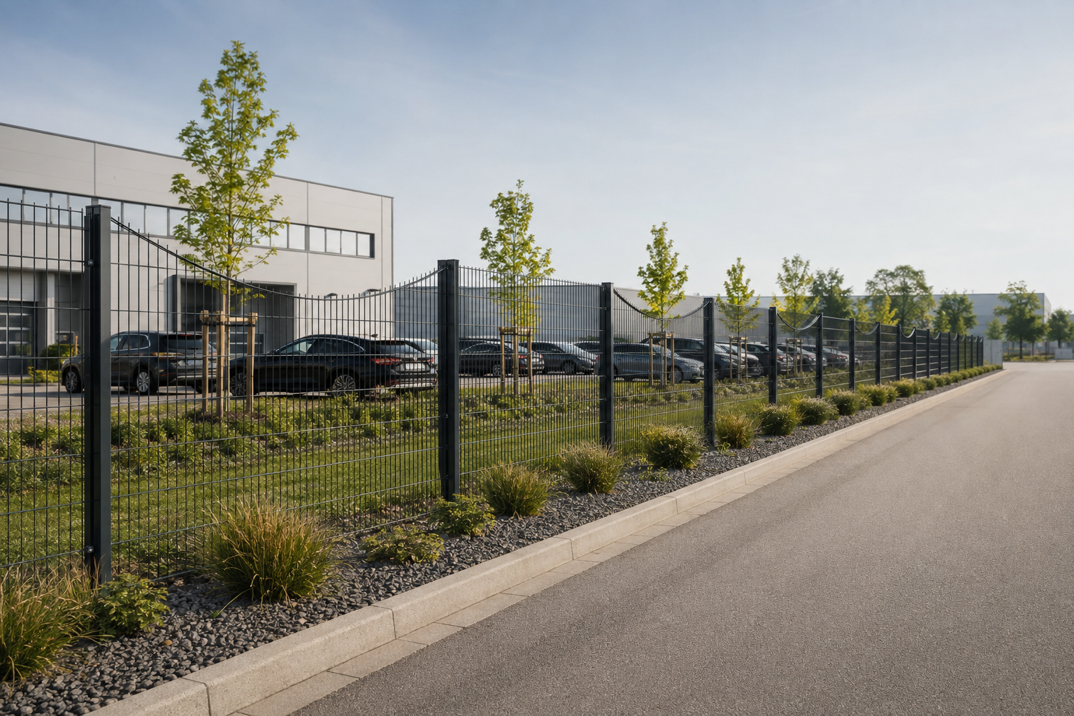 Lange hochwertige Zaunlinie an Kundenparkplatz und Gewerbefläche Lange hochwertige Zaunlinie an einem Kundenparkplatz im Gewerbegebiet