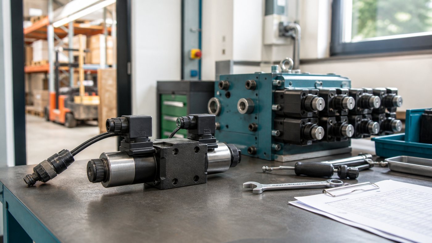 Hydraulik-Wegeventil auf einer Werkbank in einem Lager- und Werkstattumfeld